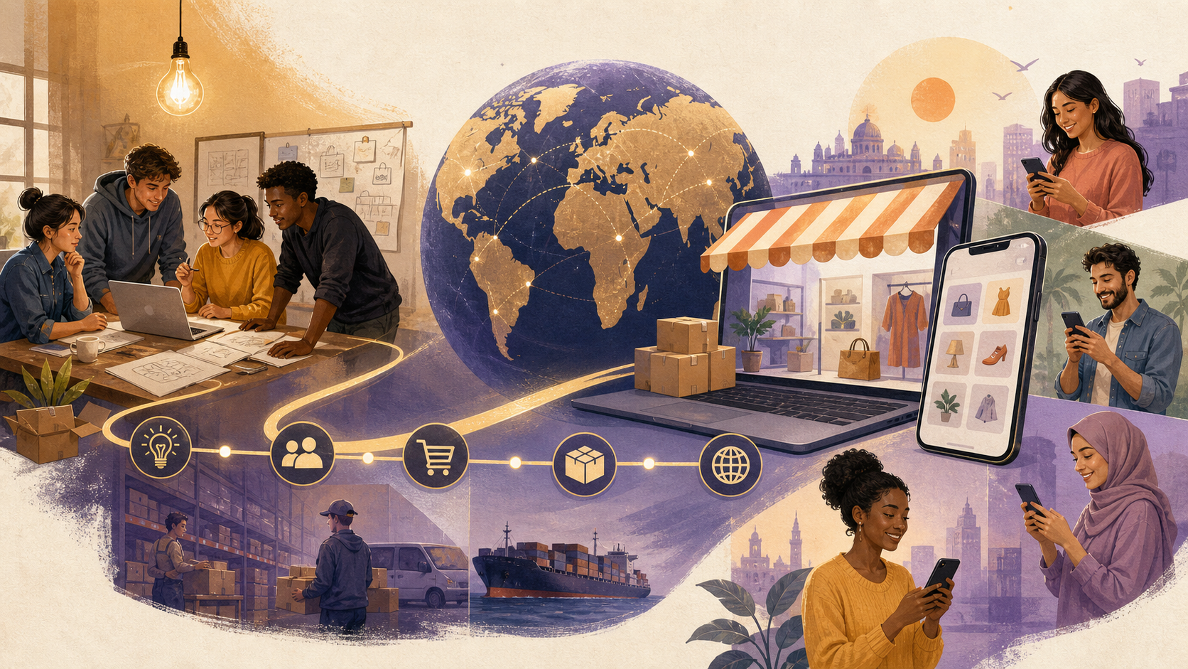 Illustration showing the evolution of an e-commerce idea into a global shopping marketplace